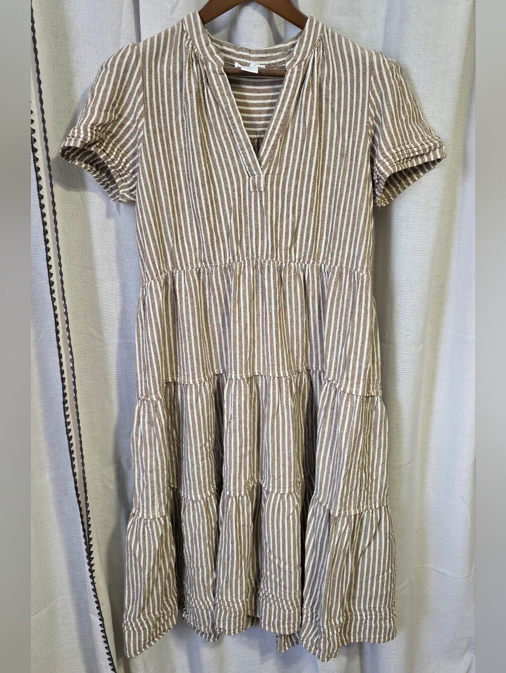 Cynthia Rowley Tan and White Striped Tiered Midi Dress
